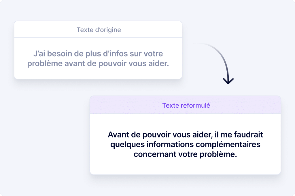 Résultat de la fonctionnalité de reformulation de texte par MerciApp