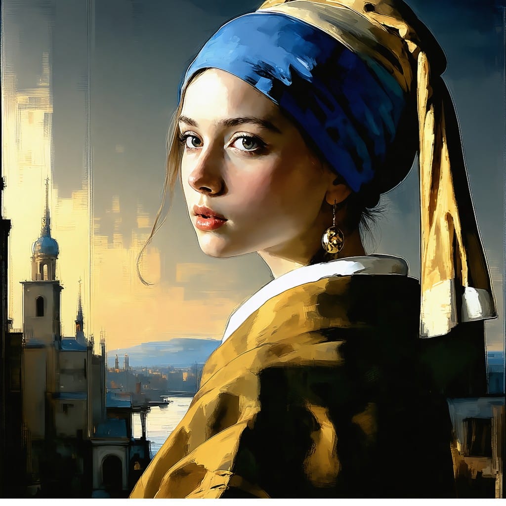 Portrait artistique d’une jeune femme portant un turban bleu et doré, inspiré du style de la peinture classique. Son regard expressif est tourné vers le spectateur, avec un décor architectural en arrière-plan évoquant une ville ancienne au coucher du soleil. L’éclairage doux et les tons chaleureux renforcent l’atmosphère romantique et intemporelle de l’image.