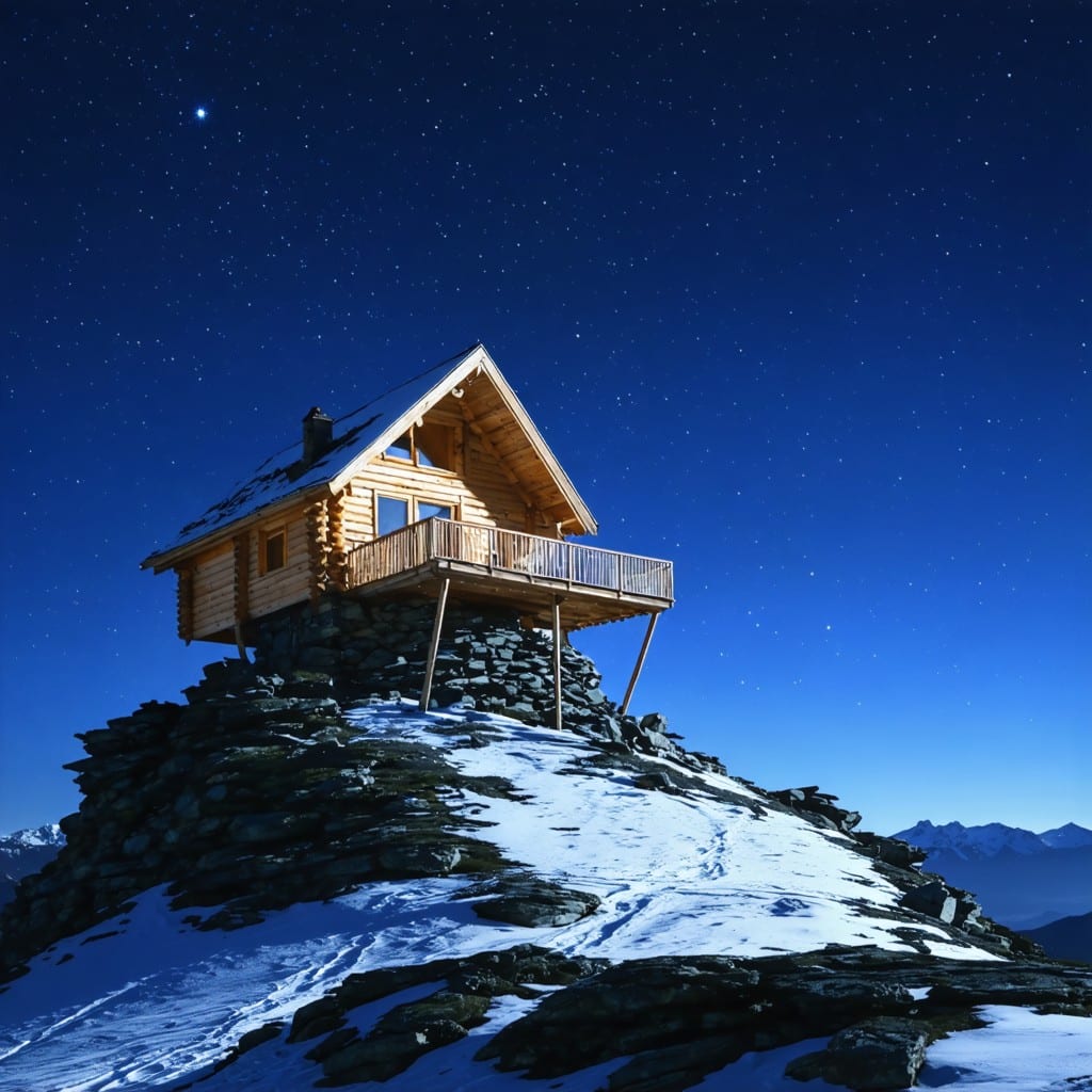 Chalet en bois perché sur un sommet rocheux enneigé, soutenu par des piliers et entouré d’un ciel étoilé d’un bleu profond. L’ambiance nocturne met en valeur la chaleur du bois contrastant avec le paysage hivernal et les montagnes lointaines en arrière-plan.