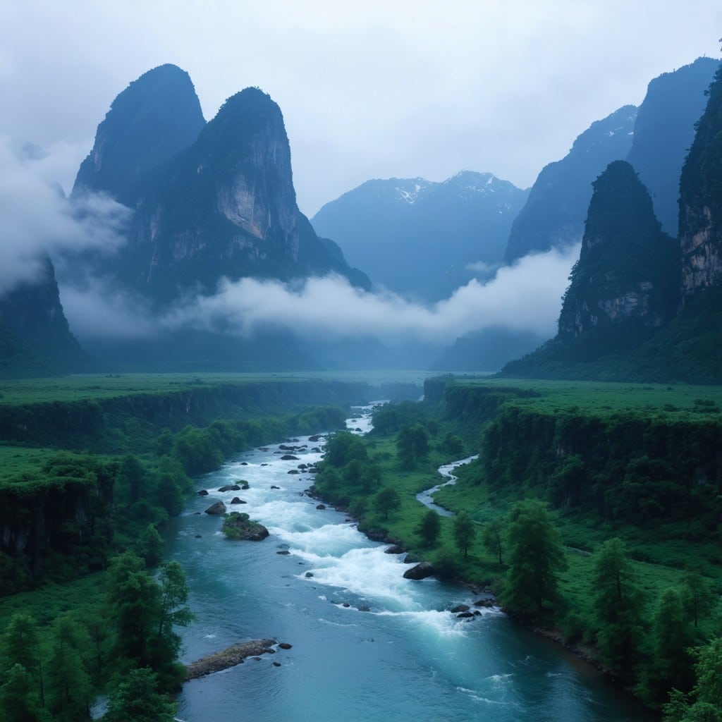 Paysage naturel majestueux avec une rivière aux eaux claires serpentant à travers une vallée verdoyante, entourée de hautes montagnes rocheuses partiellement enveloppées de brume. L’atmosphère est paisible et mystérieuse, avec un ciel couvert ajoutant une touche de douceur au décor.