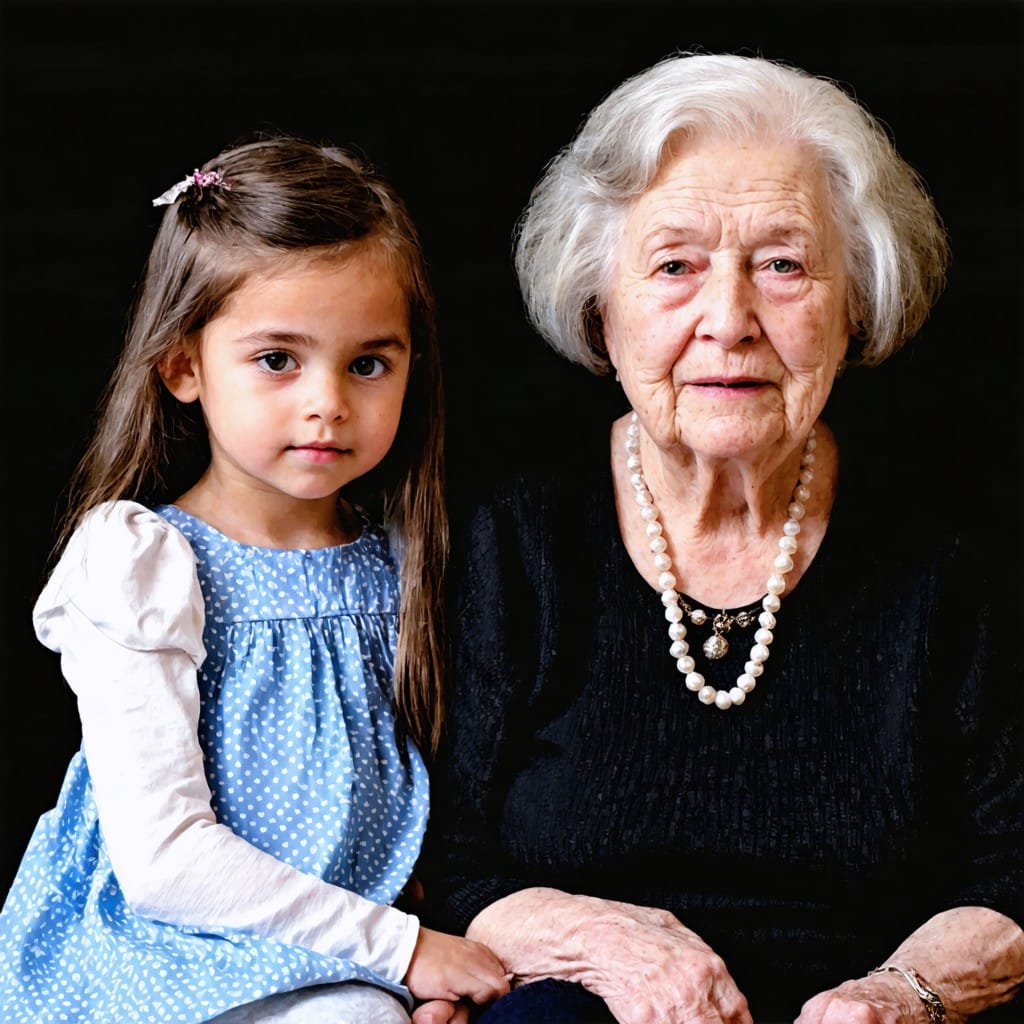 Portrait d’une petite fille aux longs cheveux bruns, vêtue d’une robe bleue à pois blancs, assise aux côtés de sa grand-mère aux cheveux blancs, portant un collier de perles et un pull noir. Les deux regardent calmement l’objectif, exprimant un lien intergénérationnel fort.