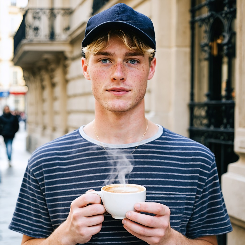 "Jeune homme aux cheveux blonds et aux yeux bleus, portant une casquette bleue et un t-shirt rayé, tenant une tasse de café fumante dans une rue élégante de la ville. Son expression est calme et il regarde directement l'objectif.